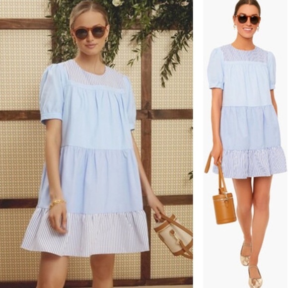 Tuckernuck English Factory Blue Tiered Quinn Relaxed Fit Mini Dress - Picture 1 of 6